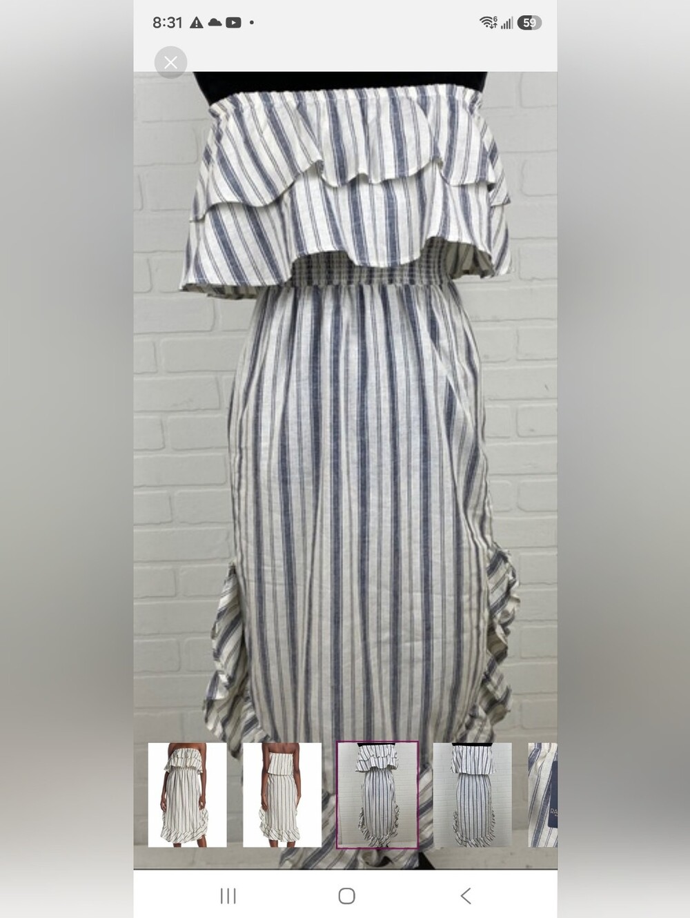 Striped Blue and White Ruffle Midi Dress With Pockets
